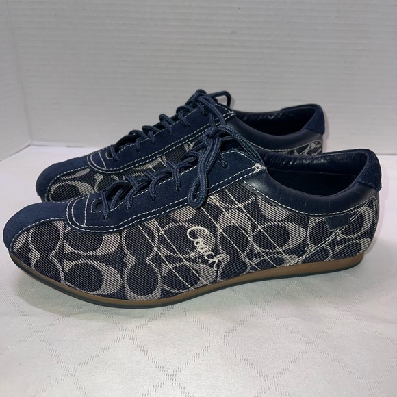 💥Women Coach GeeGee Navy Blue Signature w/Jacquard Leather Trim Sneakers Size 10 - Picture 2 of 8